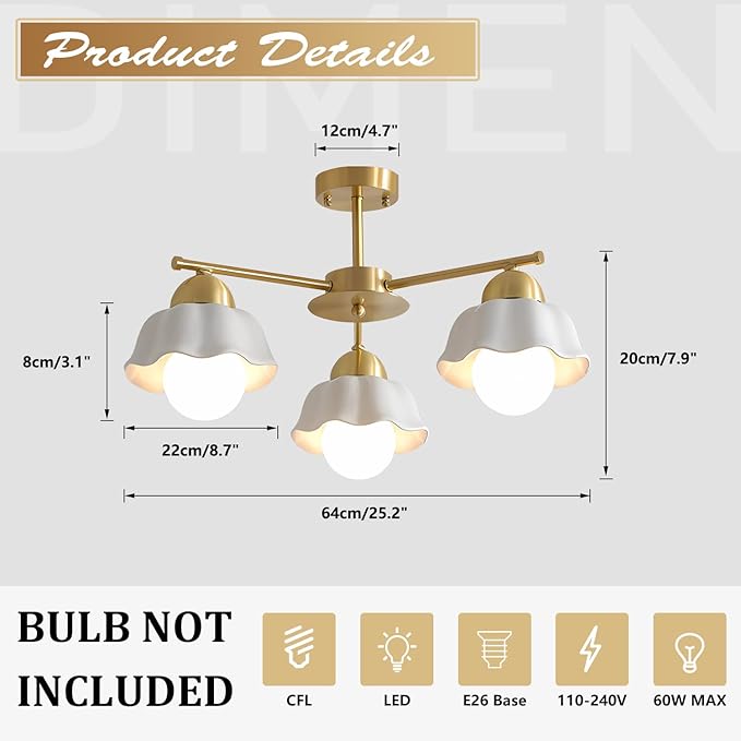 Mid Century Modern Brass Semi Flush Mount Ceiling Light 3 Lights Milk Opal Glass Ceiling Light Fixture Gold Sputnik Chandelier Light Fixture Vintage Hanging Ceiling Lights for Foyer MCL08-3 GD