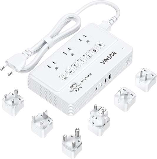 220V to 110V Travel Voltage Converter, VINTAR 600W Pure Sine Wave Voltage Converter US to Europe, Power Converter Adapter Combo Step Down Transformer for CPAP Hair Straightener Curling Iron