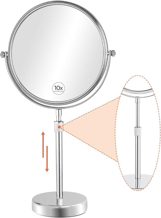 Nicesail 19 Inch Tall Makeup Mirror with 10X Magnification, Make up Mirror 8 Inch Double-Sided, Table Mirror with Pedestal for Shaving, Standing Mirror Height Adjustable Chrome Finish (8 Inch, 10X)