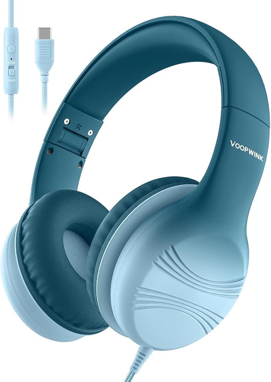 USB Type C Kids Headphones, Wired Headphones for Kids with Microphone 85/94dB Volume Limit, Stereo Sound Portable Over Ear Headphones for School/Travel/Tablet/iPad, Gradient Green