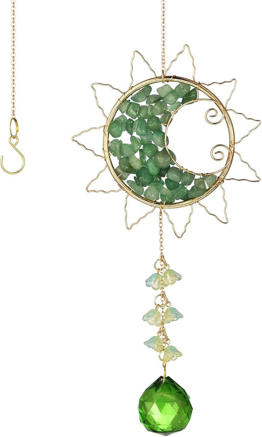 Hanging Sunlight Catcher, Sun & Moon Crystal Suncatcher, Crystal Hanging Ornament, Hanging Crystals for Decoration, Festival Gift, Window Decoration (Green)