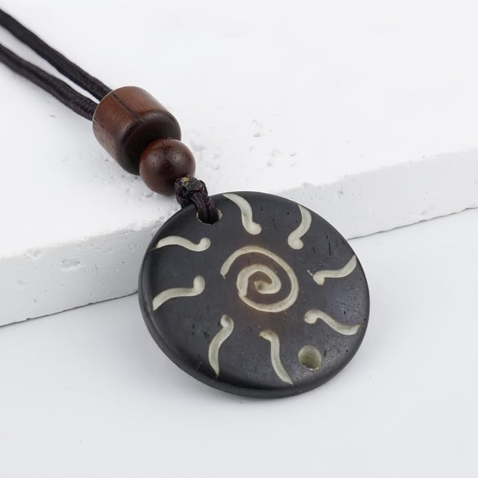 Handmade Black Bull Bone Pendant Necklace, Traditional Tribal Design, Wooden Beads, Adjustable Braided Rope, 24 Inch, Surfer Style