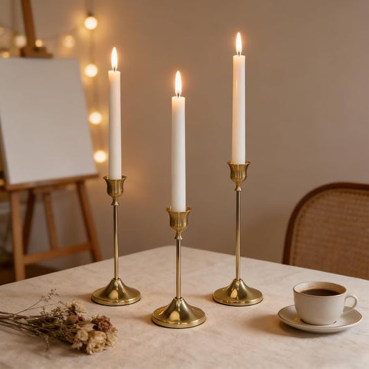 3-Piece Tapered Candleholder Set Brass-Finish Gold Column Candleholders Metal Vintage Decor Dining Table Centerpiece Wedding Mantelpiece Housewarming Gift