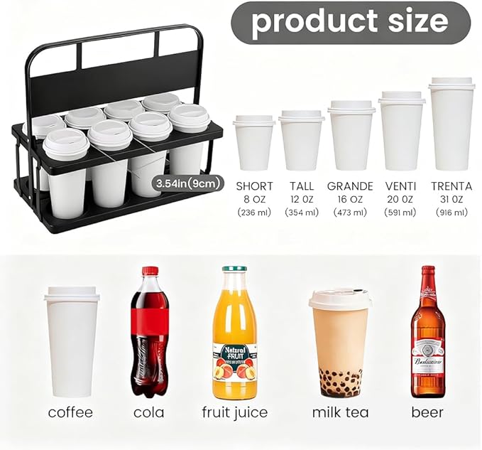 Reusable Drink Carrier with Handle for Food Delivery Drivers, Portable 8 Cup/Coffee Holder Accessories for Delivery, Foldable Drinks Caddy with Tray, Car Durable Plastic Festive Bottle, Vacation