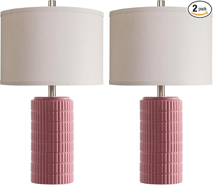 23" Set of 2 Pink Ceramic Table Lamp for Living Room Bedroom, Modern Farmhouse Nightstand Desk Lamps for Dining Room Dresser End Table Entryway, 2 LED Bulbs Included
