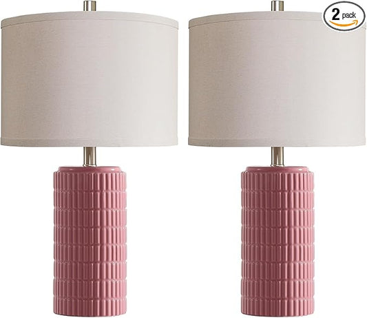 23" Set of 2 Pink Ceramic Table Lamp for Living Room Bedroom, Modern Farmhouse Nightstand Desk Lamps for Dining Room Dresser End Table Entryway, 2 LED Bulbs Included