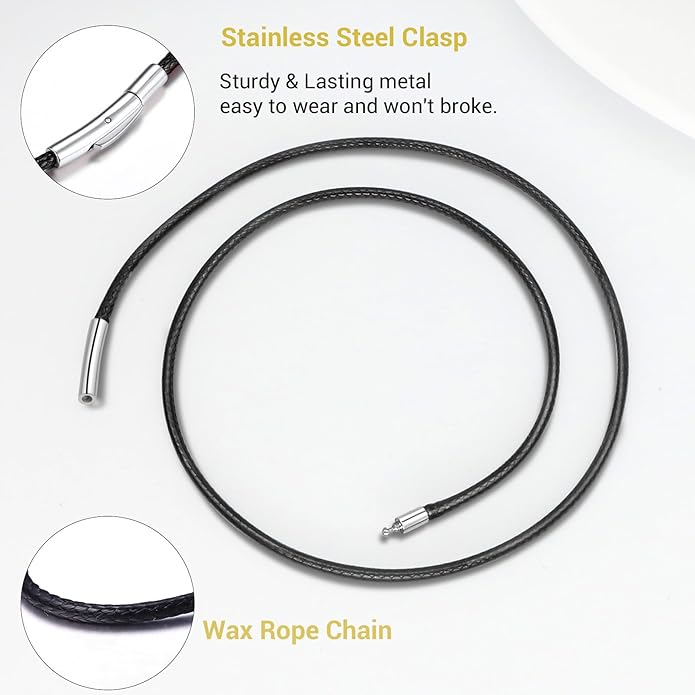 Leather Necklace Cord with Stainless Steel Clasp, Black/Brown Color Waterproof Wax Rope Chain 2mm 3mm Wide Braided Cord String Necklaces for Men Women 16"-30"