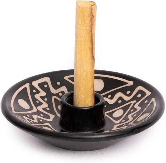 Luna Sundara Authentic Peru Pottery Palo Santo Stick Holder and Incense Holder with 5 Palo Santo Sticks Handmade Ceramic Smudge Bowl Sage Holder Black and White Gift Set