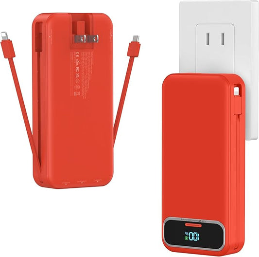 20000mAh Lightweight-Portable-Charger-Power-Bank with Built-in Cables and AC Wall Plug, PD20W USB-C Fast Charging Battery Pack, LED Display External Travel Phone Charger for All iPhone,Samsung,Android
