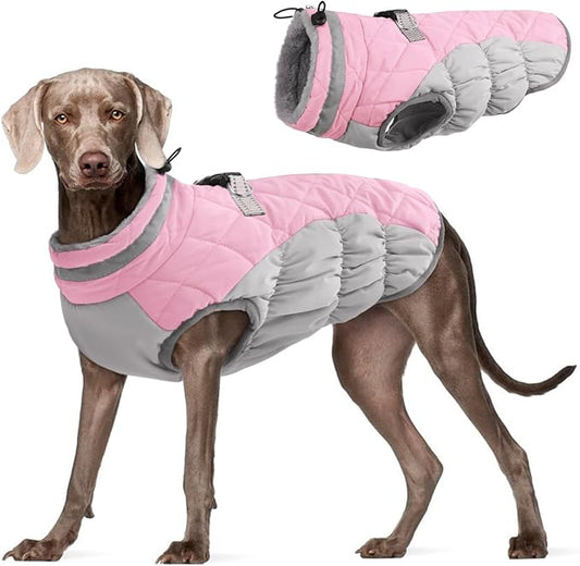 FUAMEY Dog Coat for Large Dogs,Waterproof Dog Winter Jacket with Harness Built in Puppy Cold Weather Coats Reflective Pet Vest with Zipper Warm Fleece Dogs Snowsuit Windproof Pink 3XL
