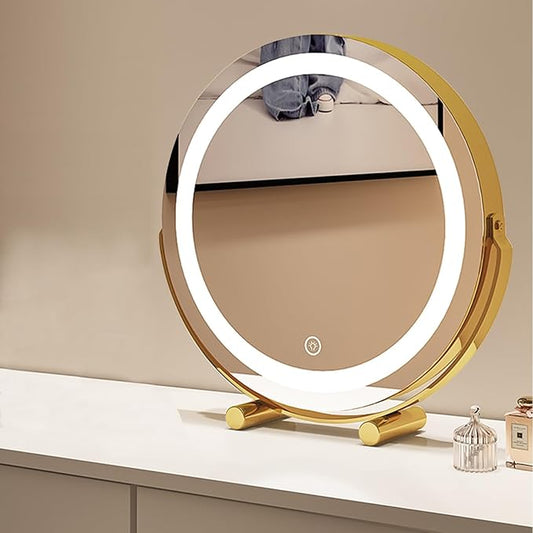 FERKAP Tabletop Vanity Mirror with Lights Lighted Makeup Mirror Touchscreen Control 3 Color Lighting Modes 360°Rotation High Definition Lighted Up Mirror (Color : Gold, Size : 15.7"X17.3")
