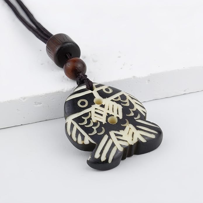 Handmade Black Bull Bone Pendant Necklace, Traditional Tribal Design, Wooden Beads, Adjustable Braided Rope, 24 Inch, Surfer Style