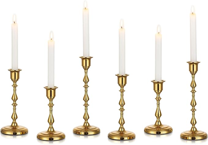 Brass Candlestick Holders Vintage: Gold Taper Candle Holder Metal Candle Sticks Holder Antique Decoration for Dinning Table Mantel Wedding Centerpieces Christmas Party Set of 6