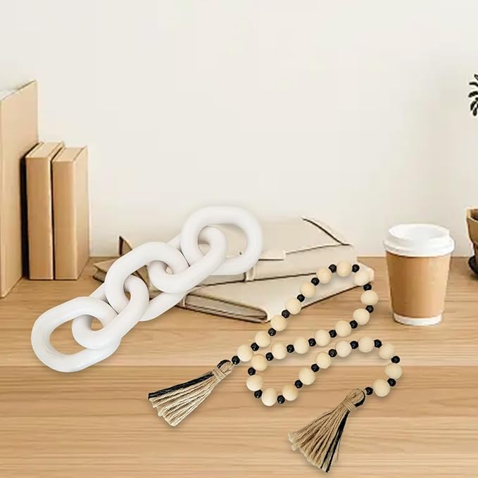 2 Pieces Decorative 5 Link Wooden Chain Decor and Bead Boho Farmhouse Rustic Home Table Decor Coffee Table Shelf Aesthetic Modern Bookshelf Table Wooden Decortion (White)