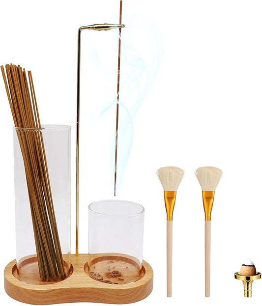 3-in-1 Incense Holder for Sticks with Enlarged Ash Catcher, Anti-Scatter Glass Tray for a Serene Home, Yoga, or Spa, Includes Dedicated Cone Holder and Brush（Not Included Incense Sticks）