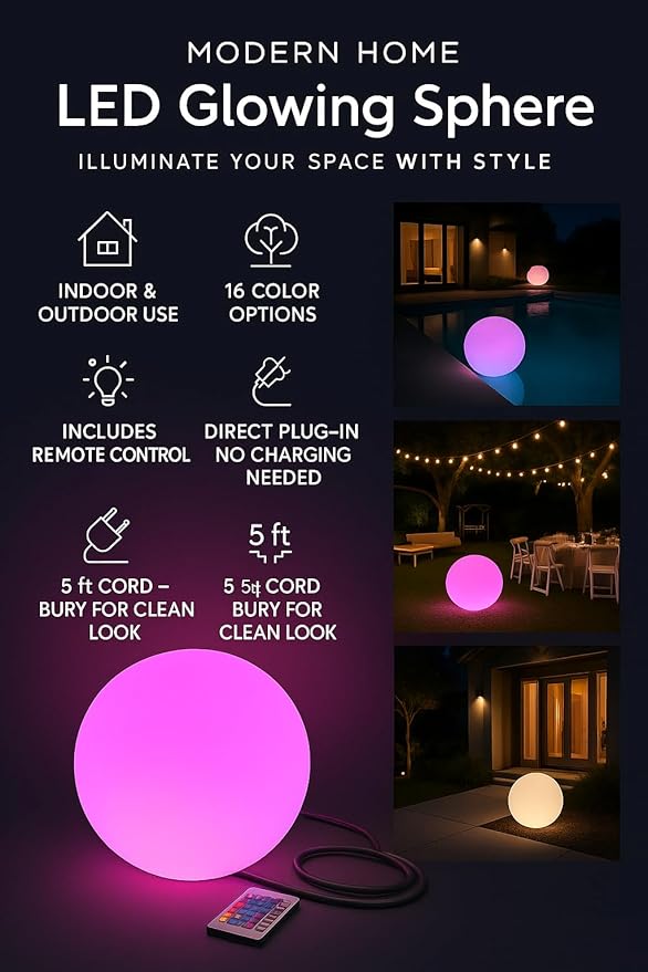 Modern Home Color-Changing LED Glow Ball - 16-Color Remote-Controlled Light Sphere w/Power Cord – Indoor/Outdoor Ambient Mood Lighting, Waterproof, Plug-in (12")