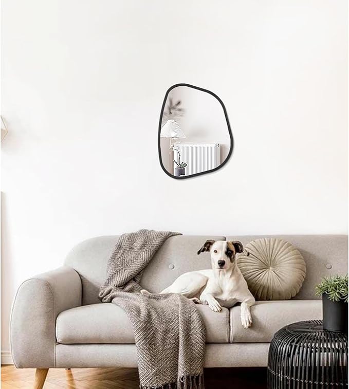 Black Asymmetrical Mirror Irregular Oval Wall Mirror Modern Wood Frame Unique Shape Wall Mounted Vanity Artistic Mirror Decorative for Living Room Bedroom Bathroom Entryway Large 16"x12"
