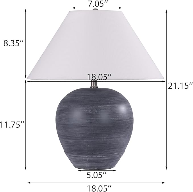 Pia Ricco 21'' Large Gray Base Ceramic Basin Table Lamp for Bedroom, Living Room, Dining Room, Office, White Shade,White Striped Black Base