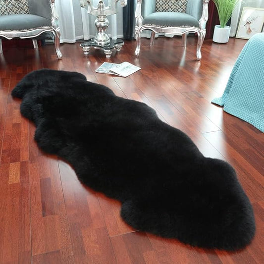WL&ALLEN Large Sheepskin Rug Genuine Thick and Lush 3 Inch Pile，Luxury Australian Pelts |Large Sheepskin Wool Area Rugs (Double Pelt 2'6" x 6'6",Black)