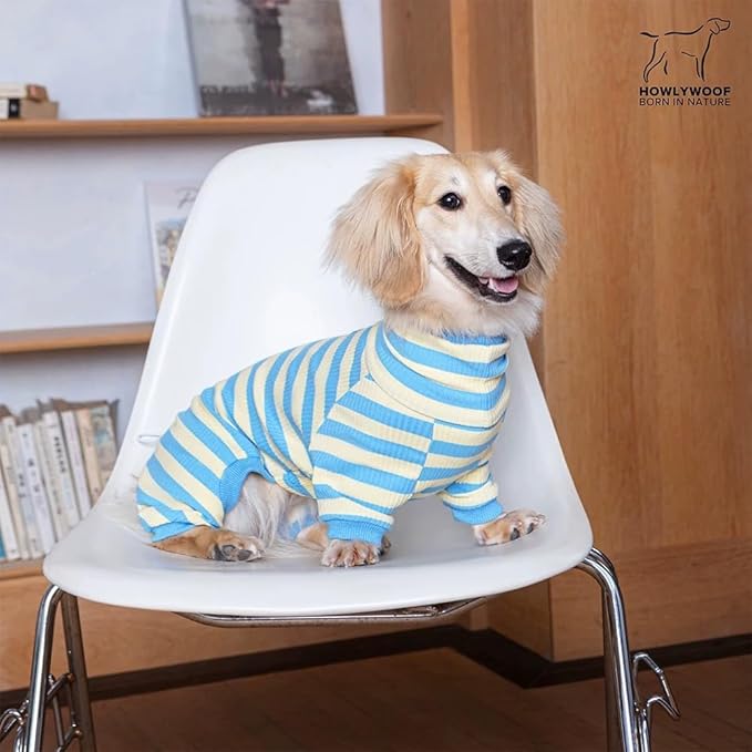 HowlyWoof Dachshund Dog Shirt, Thin Striped Base Layer Onesie for Wiener Dogs, Lightweight All-Season Wear, Soft & Comfy Fit for Doxie and Short-Leg Breeds (Blue&Yellow, Size 2 (11-16 lbs))