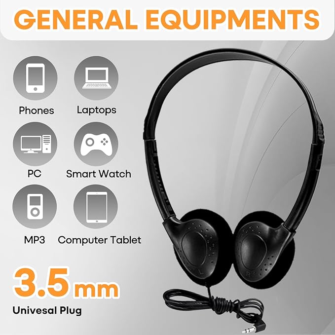 Bulk Headphones 100 Pack for Classroom School Kids, Wholeslae Wired Durable Earphones Class Set for Students Children Toddler Teens Boys Girls and Adult (HY857,100 Black)