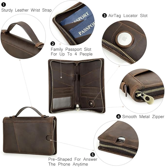 CONTACTS Full Grain Leather Travel Passport Holder for 4 Passports with Airtag Slot Family Passport Wallet RFID Blocking Passport Organizer