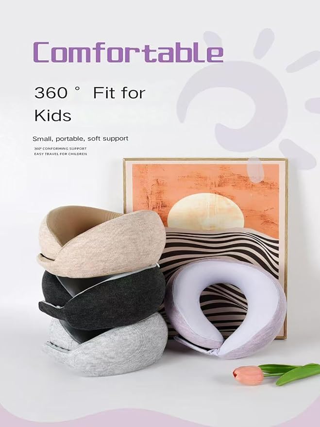 Kids Memory Foam Travel Neck Pillow, 360° Support,Travel U-Shaped Airplane Pillow, Foldable，Suitable for Commuting, Flying, Working, and Living at Home (Khaki)