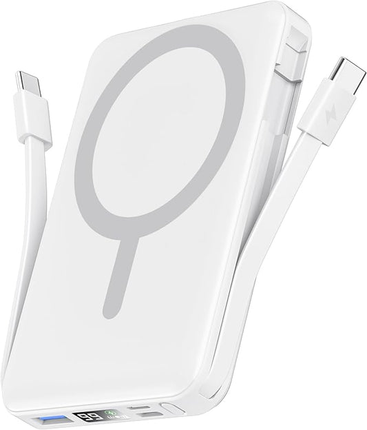 podoru for Magsafe Battery Pack, 10000mAh Magnetic Power Bank Built-in Double USB C Cables 22.5W PD Fast Charging LED Display Wireless Portable Charger for iPhone 17/16/15/14/13/12 Series-White