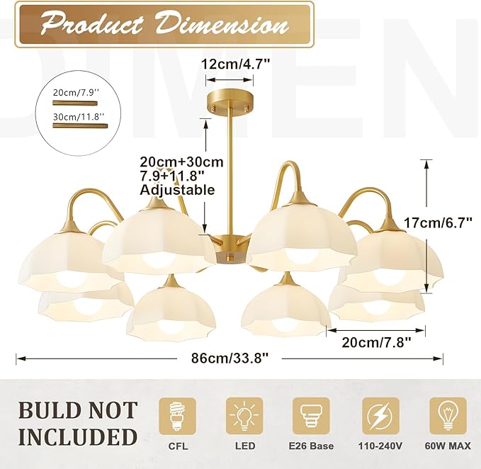 8 Lights Gold Sputnik Chandelier Light Fixture Large Mid Century Large Milk Glass Sputnik Pendant Lights Kitchen Island Modern Farmhouse Semi Flush Mount Chandelier Hanging Lamp MPL13-8 GD