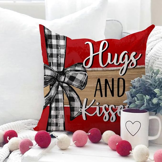 GEEORY Valentine's Day Love You More Hugs and Kisses Throw Pillow Covers 18x18 Inch Set of 4, Red Hearts Stripes Decorative Farmhouse Wedding Cushion Case for Home Decoration G652-18