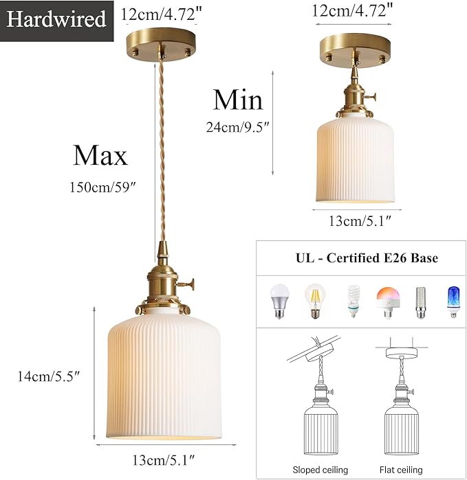 Modern Farmhouse Mini Pendant Light with White Ceramic Cylindrical Shade, Brass E26 Socket with On/Off Switch, Hardwired Hanging Lamp for Vanity, Kitchen Sink Lighting Bar Counter