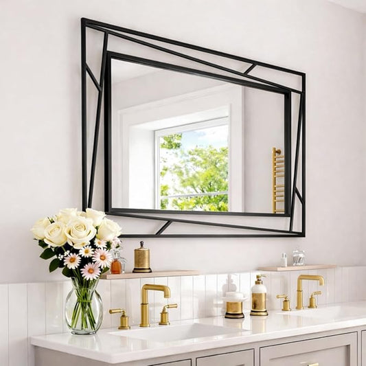 Rectangular Wall Mirror, 48''X24'' Matte Black Metal Framed Farmhouse Bathroom Mirrors for Bedroom Entryway Living Room, Hang Horizontally or Vertically