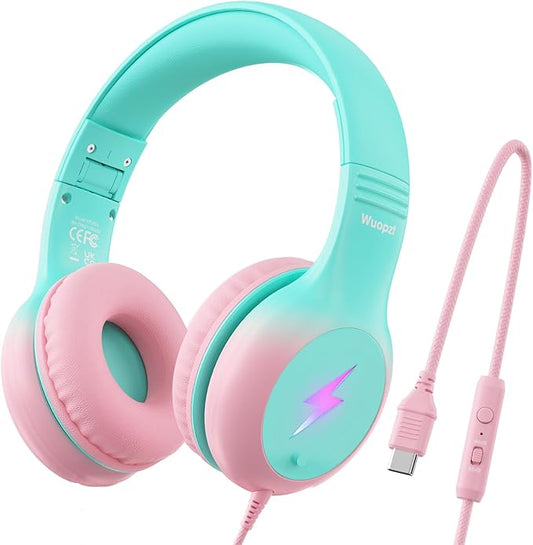 Kids USB C Headphones for School, 2025 Upgrade Safe Listening Wired Over-Ear Headphones with LED Lights, Volume Limiter & Microphone, Foldable Design for iPhone 16, iPad, Tablet (Green Pink)