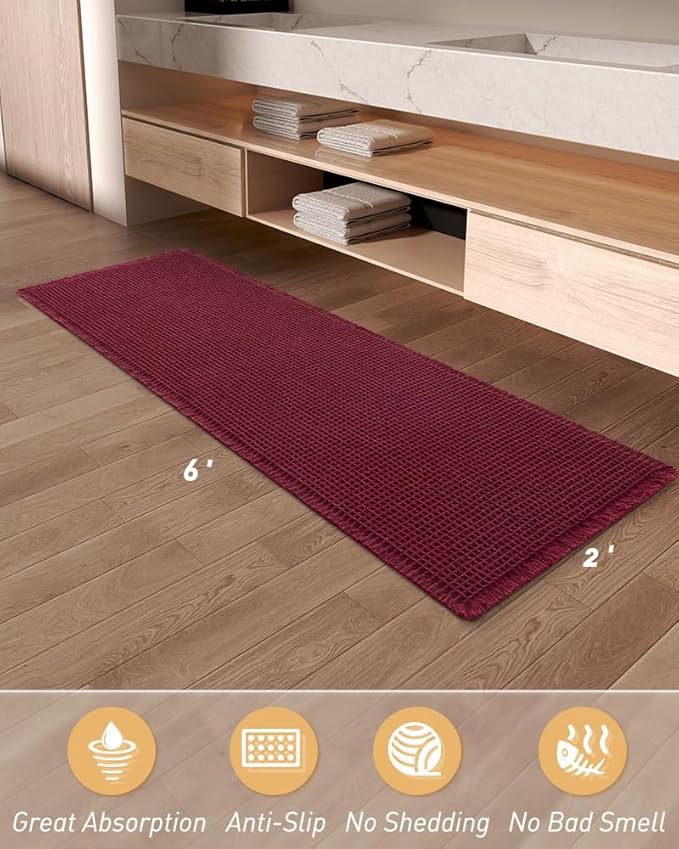 Upgraded Christmas Waffle Runner Rug Super Absorbent Non Slip Bath Mats for Bathroom Washable Bathroom Runner Rug with Tassels, Ideal for Hallway Bedroom Laundry Room, 2'x 6'(24" x 72"), Burgundy