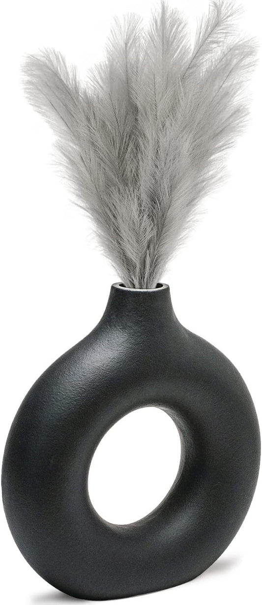 CEMABT Donut Vase Black Hollow Ceramic Vase for Flowers Handmade Minimalist Boho Style Decor for Wedding Dinner Table Party Living Room Office Bedroom