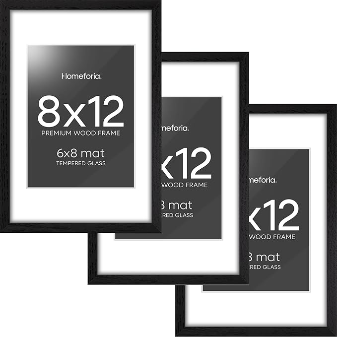 Homeforia 8x12 Black Picture Frame, High End Oak 8 x 12 Wood Frames with Mat 6 by 8 Print, 8by12 Wooden Frame Matted to 6x8 inch Photo, 12x8 Wall or Tabletop Frames, Tempered Glass, Wall Kit, Set of 3