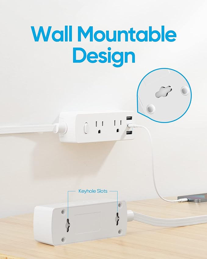 2 Prong Flat Extension Cord 10 FT, Olcorife 2 Prong to 3 Prong Outlet Adapter, Flat Plug Power Strip with 6 Outlets 3 USB Ports(1 USB C), 2000J Surge Protector, US to Japan Plug Adapter