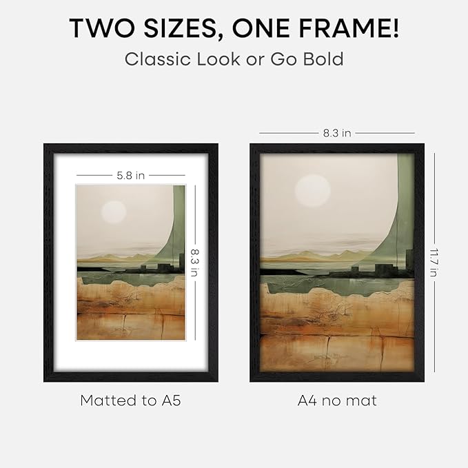 Homeforia A4 Picture Frame Black Wood, High-End Oak 8.3 x 11.7 Black Poster Frames Matted to 5.8 by 8.3 Photo, 8.3x11.7 Size Wooden Frame with Mat for 5.8x8.3 Print, Tempered Glass, Wall Kit, Set of 3