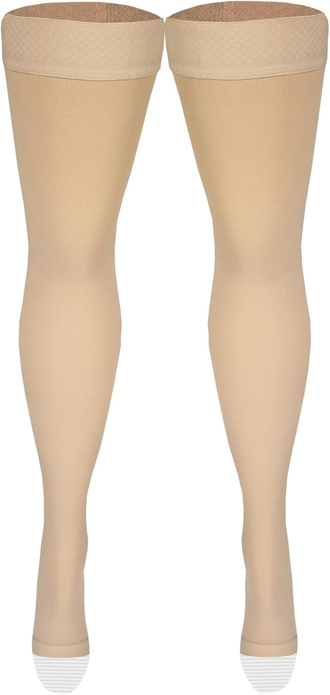 Amazon Basic Care Medical Compression Stockings, 20-30 mmHg Support, Women & Men Thigh Length Hose, Open Toe, Beige, X-Large (Previously NuVein)