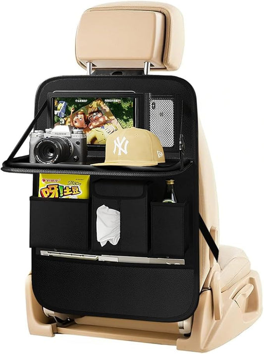 Aiuwo Car Backseat Organizer with Tablet Holder Storage Kick Mat Seat Protector,PU Leather Premium Car SeatBack Organizer with Foldable Table for Kids Toddlers Travel (Black, Plain weave)