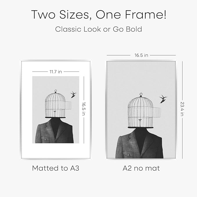 Homeforia A2 Poster Frame Silver, High End Metal A2 Picture Frames Silver with Mat A3 Print, 16.5x23.4 Frames Matted to 11.7x16.5 Photo, 16.5 by 23.5 Hanging Frames, Tempered Glass, Wall Kit, Set of 3