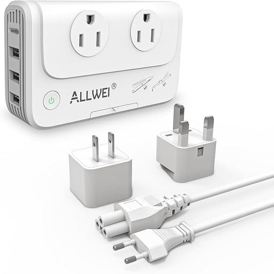 ALLWEI 220V to 110V Travel Voltage Converter us to Europe, Step Down Converter for Hair Straightener/Curling Iron, International Power Adapter for EU/UK/US/AU (White)