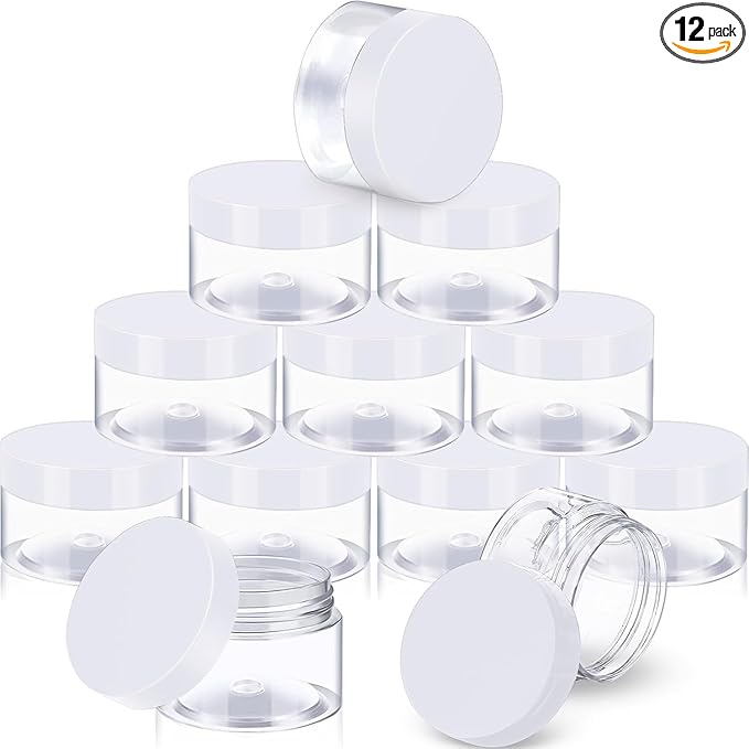 SATINIOR 12 Pack 6 oz Plastic Container Jars with Lids Round Clear Travel Cosmetic Container Jars for Toiletries, Lotion, Cream, Ointments, Makeup, Rhinestone, Samples, Kitchen Storage(White)