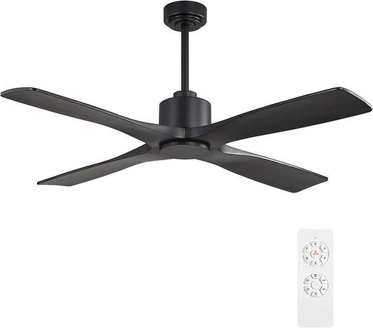WINGBO 54" DC Ceiling Fan without Lights, 4 Carved Solid Wood Blades, 6-Speed Noiseless Reversible DC Motor, Modern Ceiling Fan No Light with Remote, Matte Black Finish with Black Blades, ETL Listed