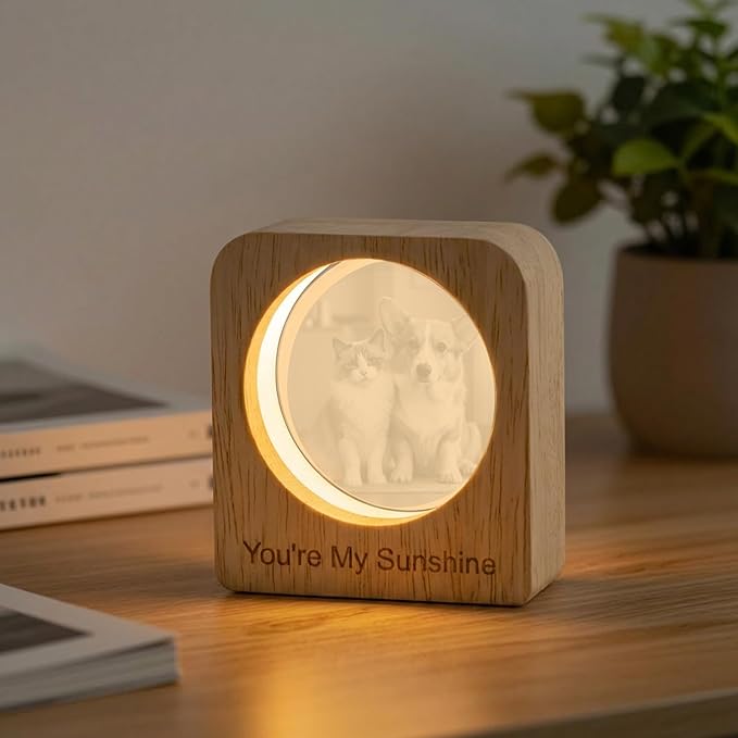 Custom 3D Crystal Photo Night Light Personalized Photo Crystal Ball Engraved Picture Lamp with Wood Base Memorial Gift for Pets Family Couple Birthday Valentine's Day (Style 4)