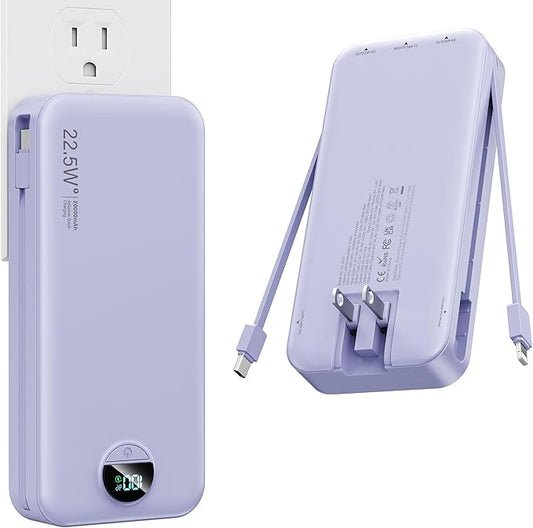 Portable Charger, 20000mAh 22.5W Fast Charging Power Bank with Built-in Cables & Wall Plug, USB C External Battery Pack with LED Display, Travel Essentials Phone Charger for iPhone iPad Samsung Purple