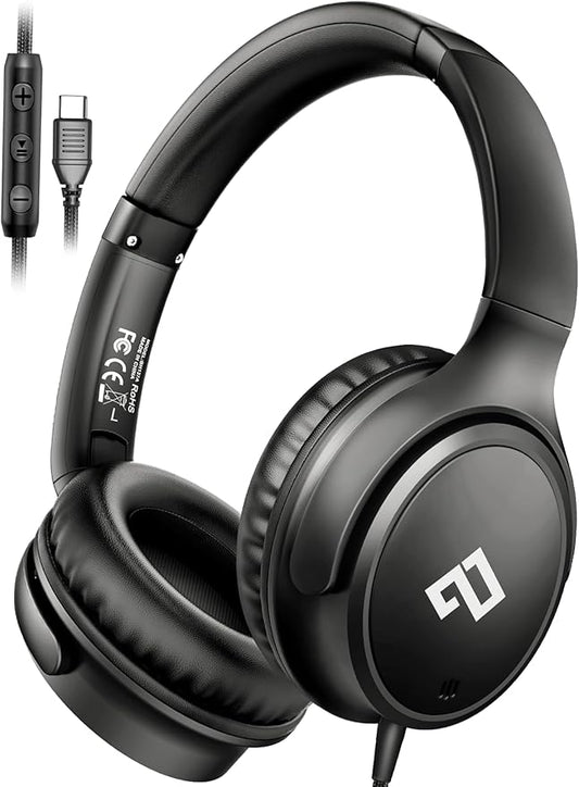 USB C Headphones Wired Headphones Over Ear with HD Mic, Corded Headphones/Lightweight/Foldable/Adjustable for iPad/Sports/School/Travel/iPhone 17/16/15, Samsung S25/S24, Google Pixel 9, Ideal Gifts
