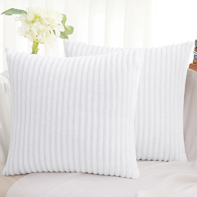 Simmore Decorative Spring Throw Pillow Covers 20x20 Set of 2, Soft Natural Plush Flannel Double-Sided Fluffy Couch Pillow Covers for Sofa Living Room, White