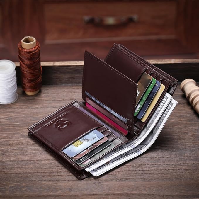 LEBULLBRO Genuine Leather Bifold Wallet RFID Blocking Wallet Large Capacity Purse Credit Card Holder for Men with 15 Card Slots (Navy)