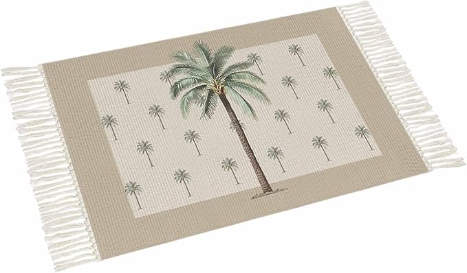 Tropical Palm Tree Runner Rug 3X5 Ft Bedroom Area Rug, Washable Woven Brown Summer Beach Plant Throw Carpet with Tassel, Non-Shedding Farmhouse Retro Green Botanical Dining Room Living Room Carpets